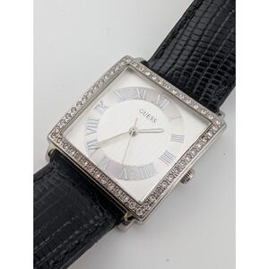 Guess Watch Women 31mm Case Rhinestone Bezel Leather Band- New Battery